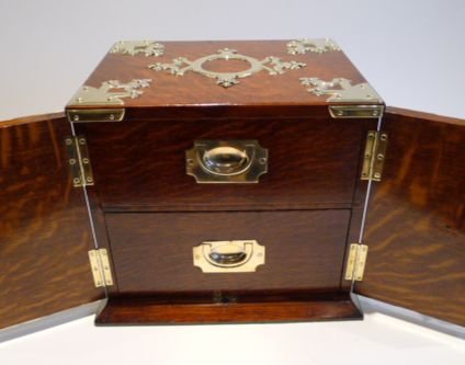 fig 2. Antique English Oak Cigar Box / Cabinet / Humidor - Brass Mounts c.1890
