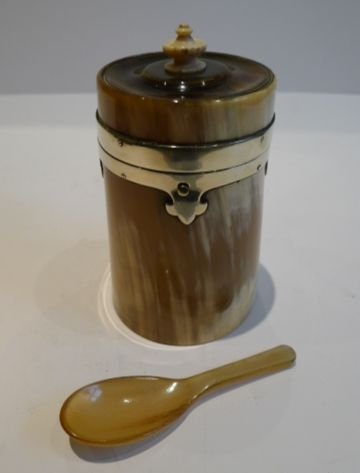 Rare Victorian English Horn Cylindrical Tea Caddy - Complete with Caddy Spoon C.1860