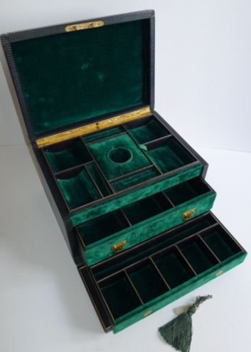 Magnificent Top Quality Antique Leather Covered Jewellery Box with Pristine Interior C.1870