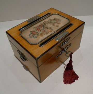 Antique French Satinwood Letter / Correspondence Box C.1850 - Floral Needlepoint Panel