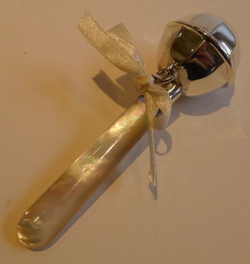 Unusual Baby's Rattle in Sterling Silver & Mother of Pearl - Large Bell - 1918