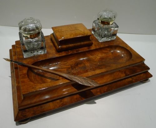 Magnificent & Grand - Burl Walnut Inkstand / Desk Set - Cut Glass Inkwells C.1890