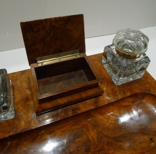 fig 1. Magnificent & Grand - Burl Walnut Inkstand / Desk Set - Cut Glass Inkwells c.1890