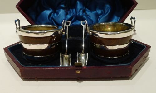 Boxed Antique English Oak & Silver Plate Novelty Salts & Spoons C.1890