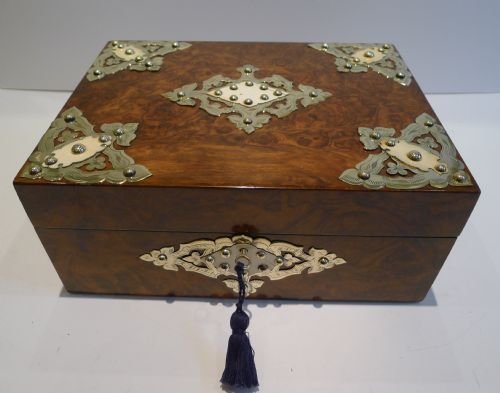 Antique Burl Walnut Jewellery / Table Box C.1860 - Brass & Ivory Mounted