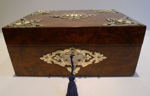 fig 1. Antique Burl Walnut Jewellery / Table Box c.1860 - Brass & Ivory Mounted