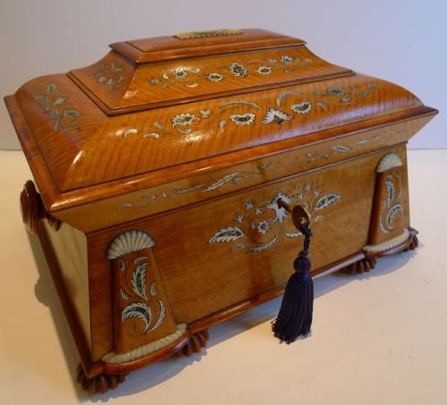 Grandest Antique English Inlaid Satinwood Sewing Box C.1850 by Pearce, London