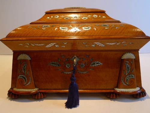 fig 1. Grandest Antique English Inlaid Satinwood Sewing Box c.1850 by Pearce, London