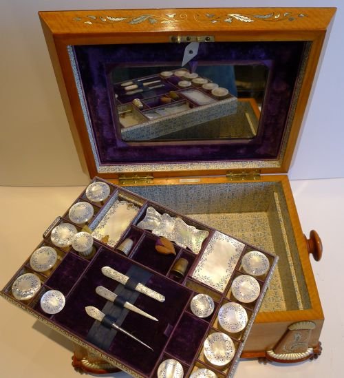 fig 2. Grandest Antique English Inlaid Satinwood Sewing Box c.1850 by Pearce, London