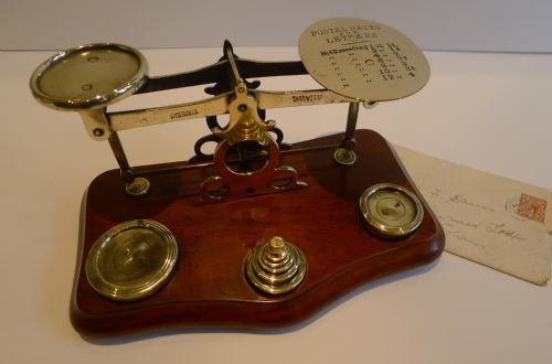 Handsome Set Antique English Mahogany & Brass Letter / Postal Scale C.1900