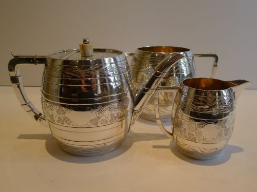 Antique English Silver Plated Tea Service - Unusual Barrel Shaped C.1880
