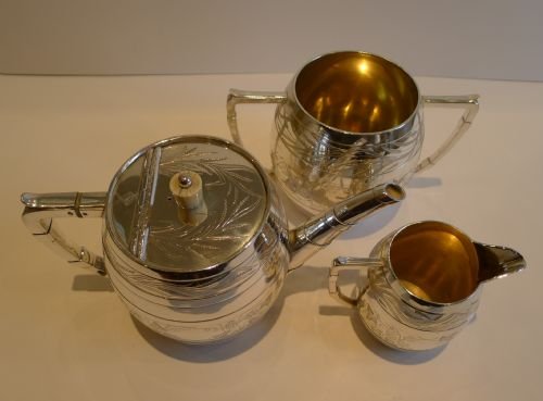 fig 1. Antique English Silver Plated Tea Service - Unusual Barrel Shaped c.1880