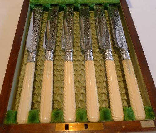 fig 1. Antique English Boxed Set Fruit Knives & Forks - Carved Ivory - c.1880