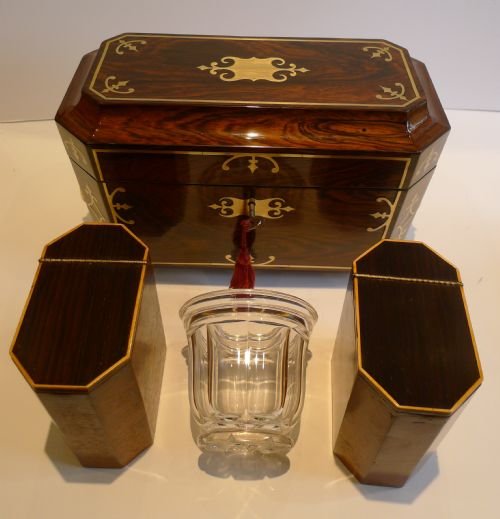 Magnificent Antique English Regency Brass Inlaid Rosewood Tea Caddy C.1820