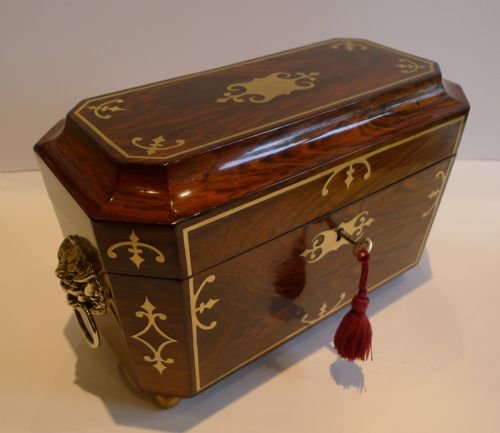 fig 1. Magnificent Antique English Regency Brass Inlaid Rosewood Tea Caddy c.1820