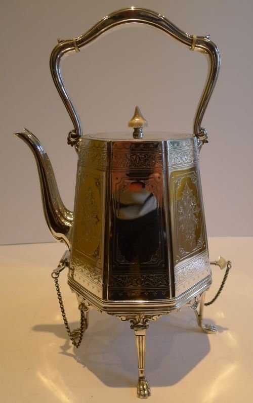 Antique English Silver Plated Spirit Kettle C.1890 - Unusual Octagonal Shape