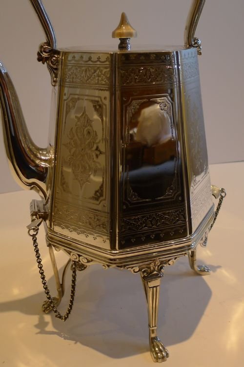 fig 1. Antique English Silver Plated Spirit Kettle c.1890 - Unusual Octagonal Shape