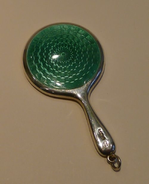 Miniature Sterling Silver Hand Mirror - Chatelaine - Green Guilloche Enamel