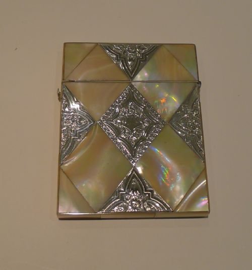 Antique English Visiting Card Case in Mother of Pearl & Sterling Silver C.1880