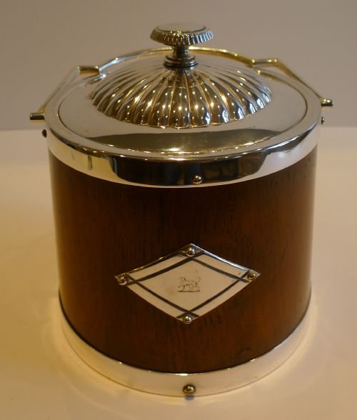 Antique English Oak & Silver Plated Biscuit Box / Barrel C.1890