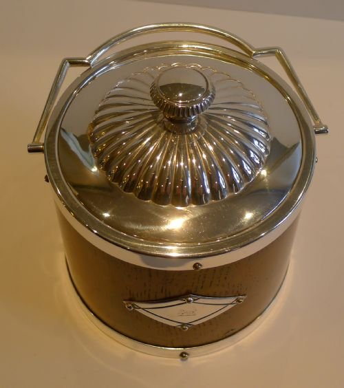 fig 1. Antique English Oak & Silver Plated Biscuit Box / Barrel c.1890