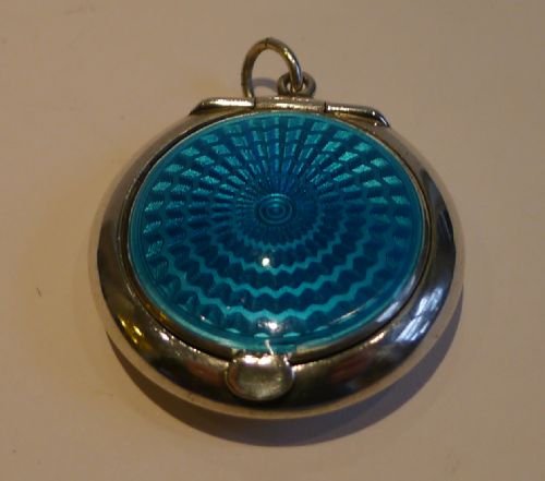 Sterling Silver & Blue Guilloche Enamel Miniature Compact / Pill Box