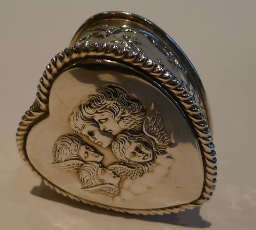 Antique English Heart Shaped Sterling Silver Box - Reynold's Angels - 1897