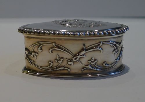 fig 1. Antique English Heart Shaped Sterling Silver Box - Reynold's Angels - 1897