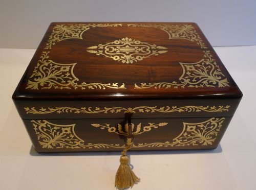 Antique English Rosewood Jewellery / Table Box - Cut Brass Inlay C.1840