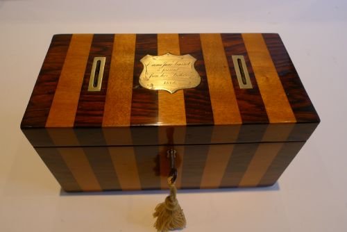 Charming Antique English Fruitwood & Rosewood Money Box Dated 1866