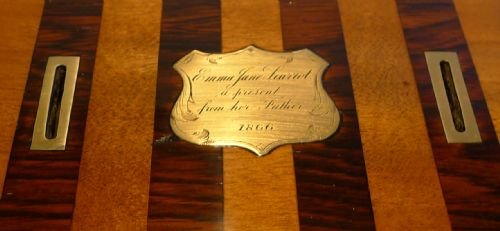 fig 1. Charming Antique English Fruitwood & Rosewood Money Box Dated 1866