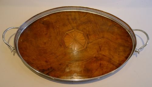 Antique English Inlaid Walnut & Silver Plated Serving Tray C.1900