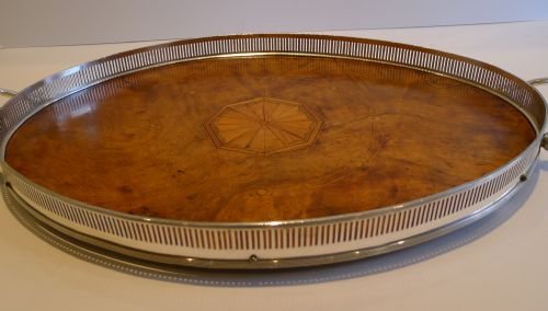 fig 1. Antique English Inlaid Walnut & Silver Plated Serving Tray c.1900