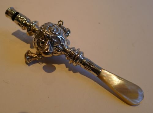 Beautiful Antique English Sterling Silver and Mother of Pearl Baby's Rattle and Whistle
