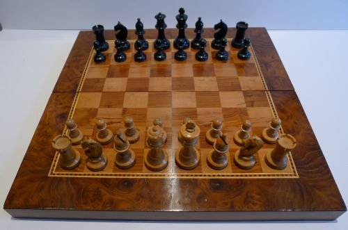 Antique English Inlaid Burr Walnut Folding Chess Board / Box with Chess & Checkers C.1890