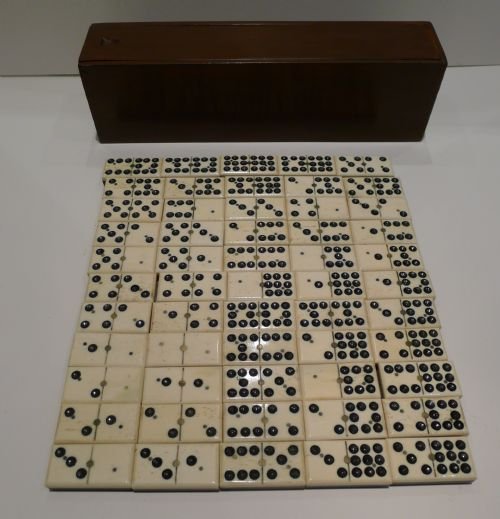 Large Antique English Set Double Nines Dominoes in Bone & Ebony - Original Box C.1890