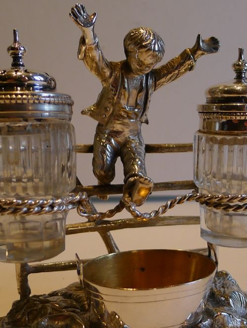 Charming Antique Cruet - Registered 1873 - Boy Over Gate in Silver Plate