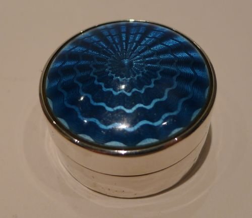 Small Antique English Sterling Silver & Blue Guilloche Enamel Box - 1911