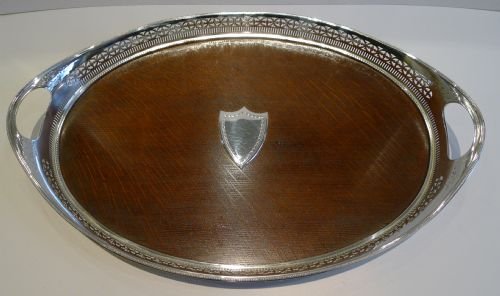 Stunning Antique English Solid Oak & Silver Plate Serving Tray C.1890/1900