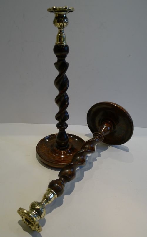 Towering Pair 14" Solid Oak Barley Twist Candlesticks - Brass Thistle Tops