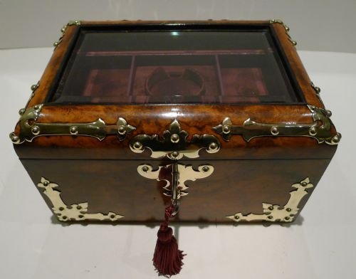 Large Brass Mounted Burl Walnut Jewellery Box C.1860 - Glazed Lid