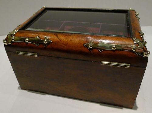 fig 1. Large Brass Mounted Burl Walnut Jewellery Box c.1860 - Glazed Lid