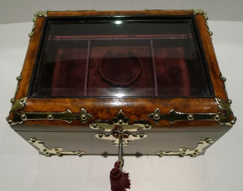 fig 2. Large Brass Mounted Burl Walnut Jewellery Box c.1860 - Glazed Lid