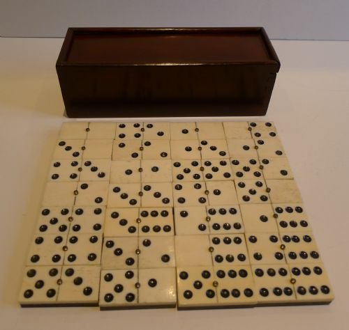 Antique English Boxed Set Bone & Ebony Wood Dominoes C.1890