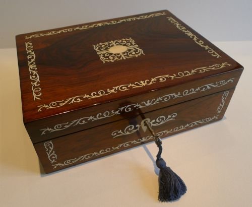 Antique English Rosewood Writing Slope / Lap Desk C.1830 - Cut Foliate Ivory Inlay
