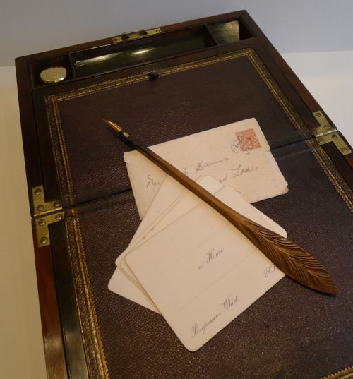 fig 1. Antique English Rosewood Writing Slope / Lap Desk c.1830 - Cut Foliate Ivory Inlay
