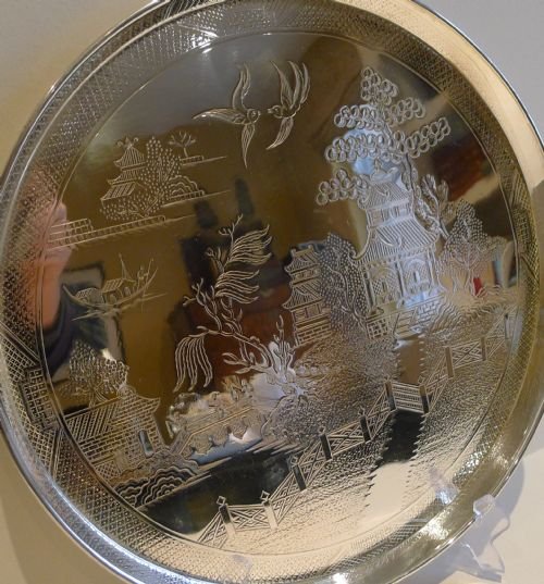 Rare Antique English Circular Silver Plated Tray - Engraved Blue Willow Pattern C.1880