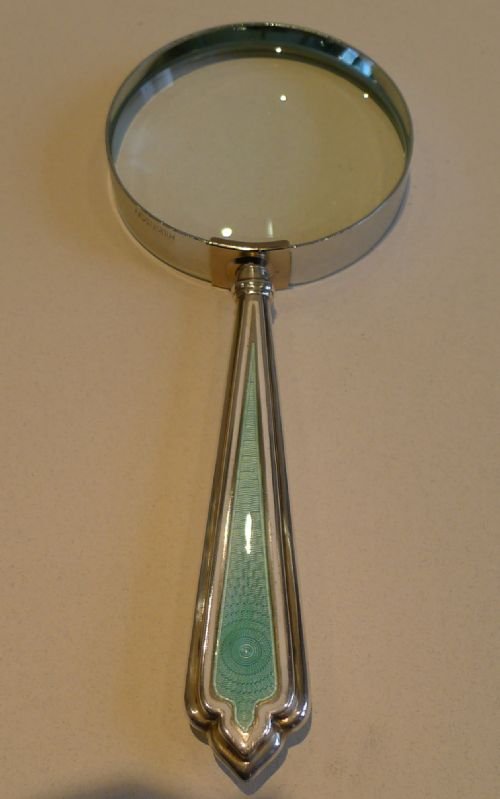 Stunning English Sterling Silver & Enamel Handled Magnifying Glass - 1930