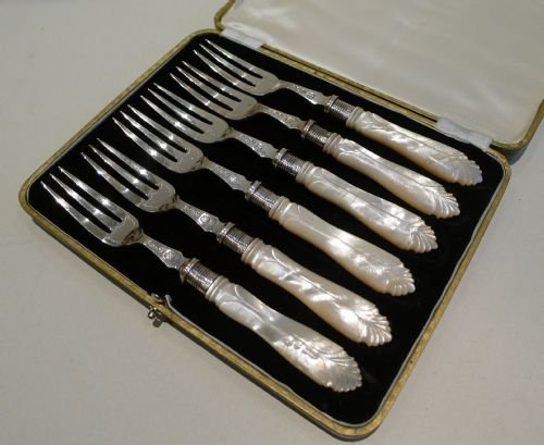 Antique English Sterling Silver & Mother of Pearl Cake or Desert Forks - 1906