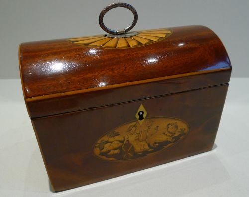 Rare English Georgian Dome Top Mahogany Tea Caddy with Fan & Britannia Inlay C.1800
